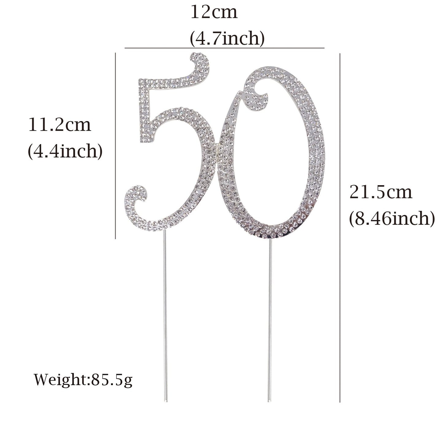 Honbay 50th Birthday Cake Topper, Sparkly Silver Alloy with Rhinestones, 4.7x4.4 inches, Model 67923290