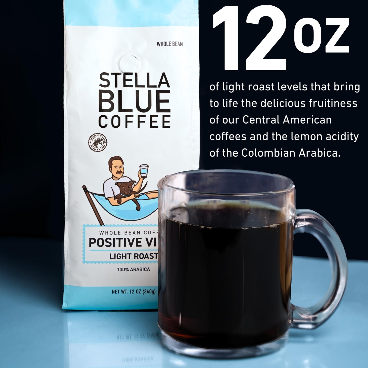 Stella Blue Fresh Whole Bean Coffee - Positive Vibes Blend - 100% Arabica Light Roast - Ethically & Sustainably Sourced From Cen