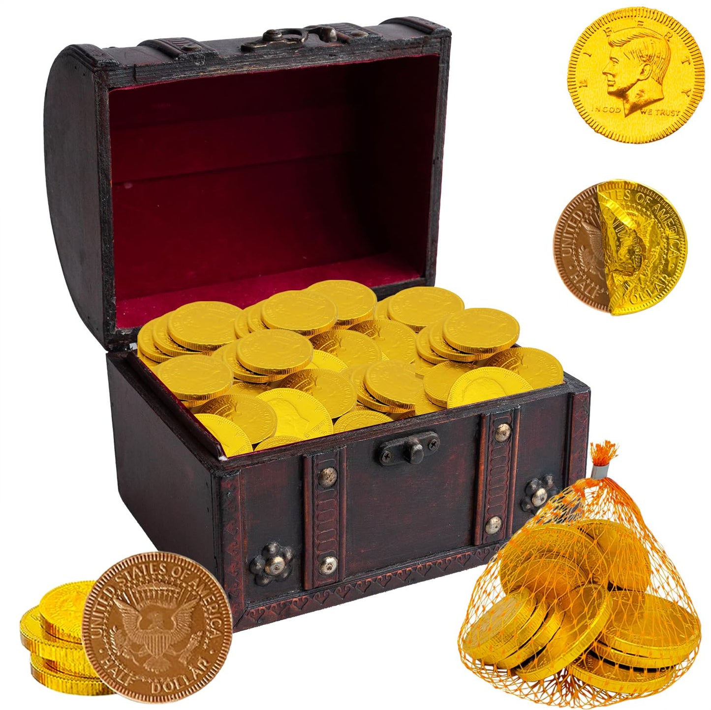 Fruidles Chocolate Coins In Mesh Bags, 10 Belgian Milk Chocolate Half-Dollar Gold Coins Per Mesh Bag, Total 216Oz Mesh Bags (144