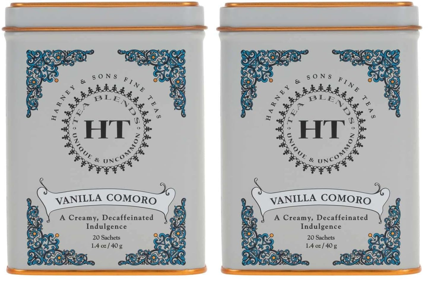 Harney & Sons Tea Decaffeinated, Great Present Idea, Vanilla Comoro, 1.4 oz Tin (20 Sachets) (Pack of 2)