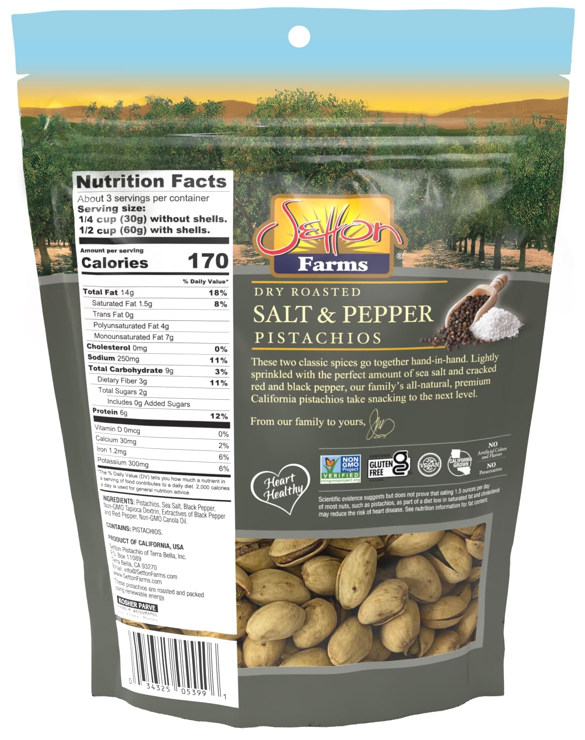 Setton Farms Pistachios Salt & Pepper In-Shell, 6 Oz. Bag, Kosher Snack