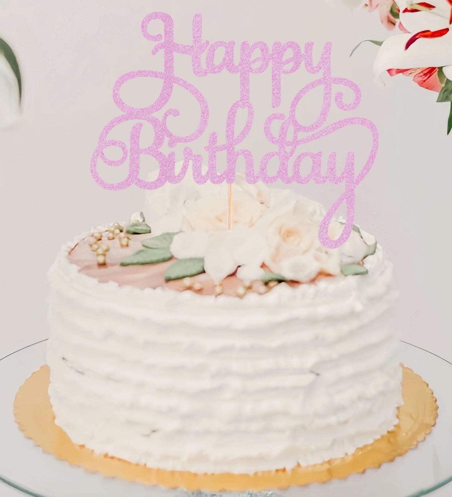 EONNCNT Happy Birthday Cake Topper - Pink Glitter Paper Decoration - Model MOUCCT-HB