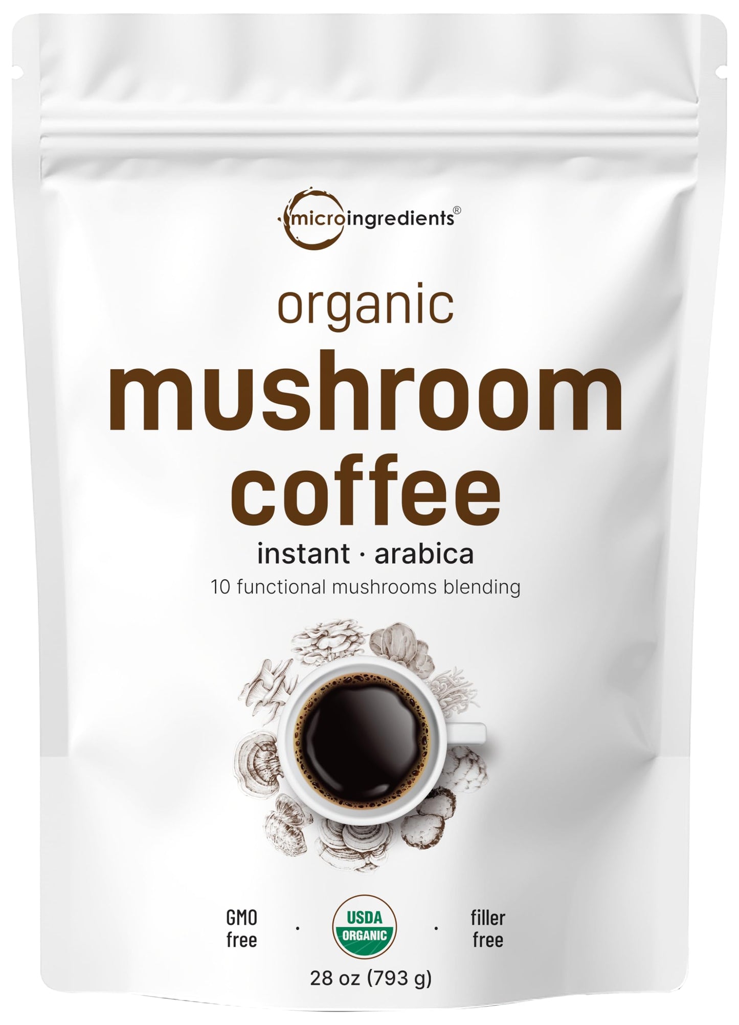 Micro Ingredients Organic Instant Mushroom Coffee Powder with Lion’s Mane, Chaga & Reishi, 28oz, Smooth Medium Roast, 317 Servings