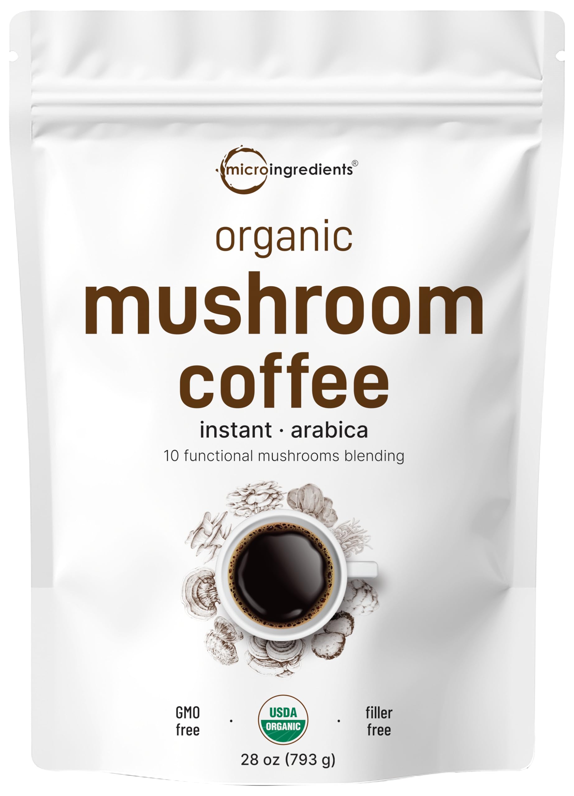 Micro Ingredients Organic Instant Mushroom Coffee Powder with Lion’s Mane, Chaga & Reishi, 28oz, Smooth Medium Roast, 317 Servings