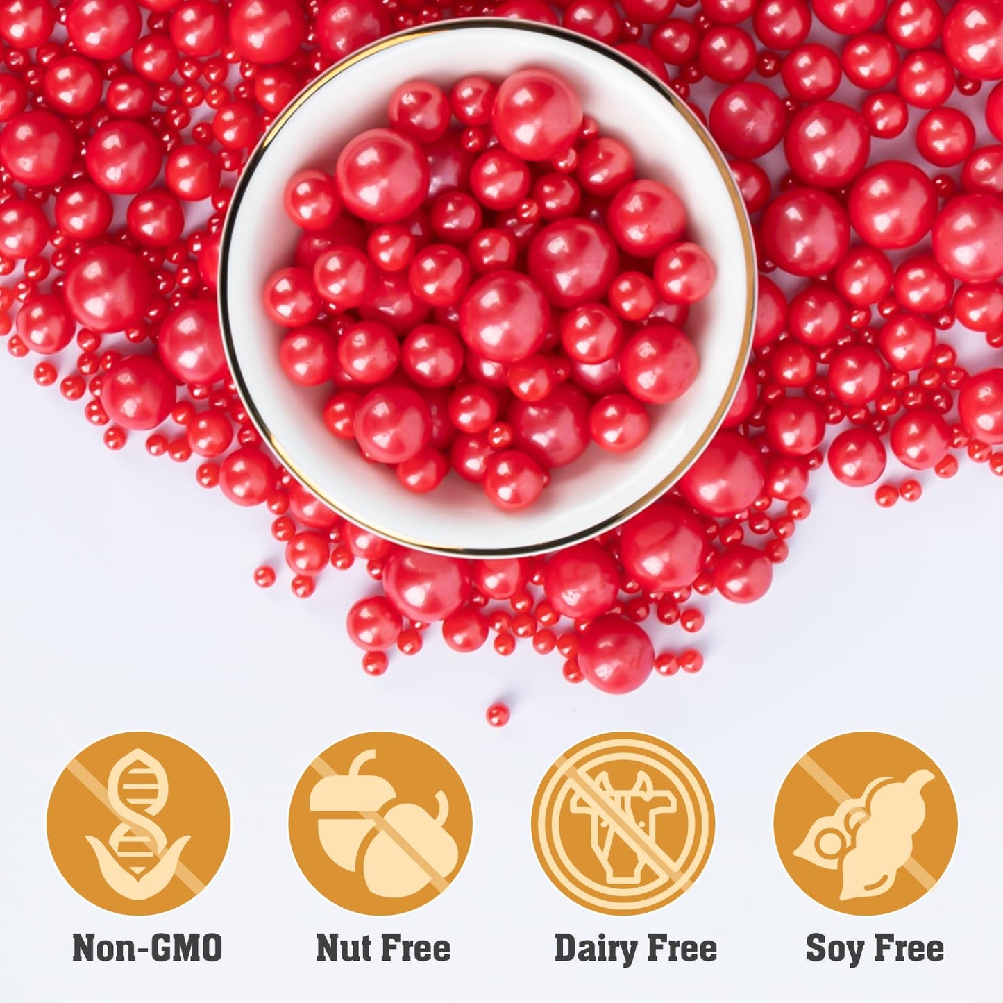 Twisweet Red Pearl Sprinkles for Cake Decorating, Edible Sugar Pearls for Baking, Mix Size, Cake Topper Cupcake Cookie Ice Cream