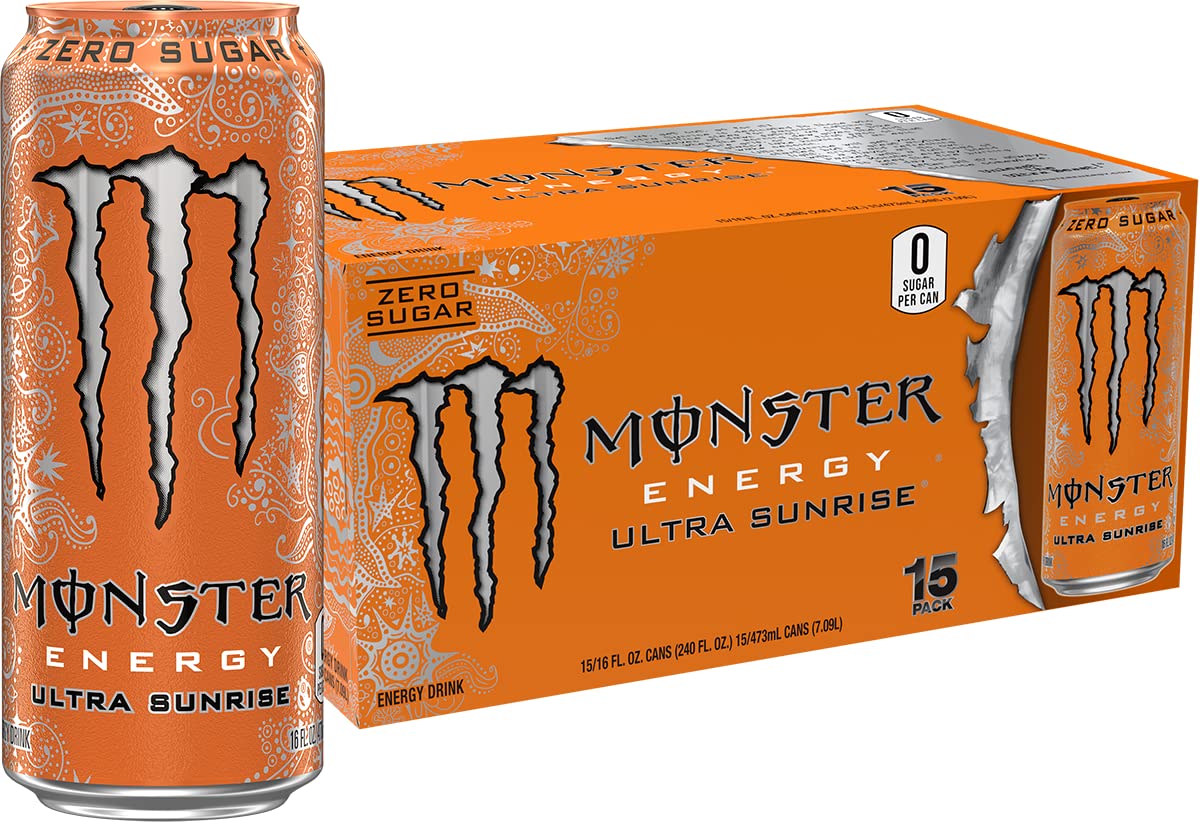 Monster Energy Ultra Sunrise, Sugar Free Energy Drink, 16 Fl Oz (Pack Of 15)