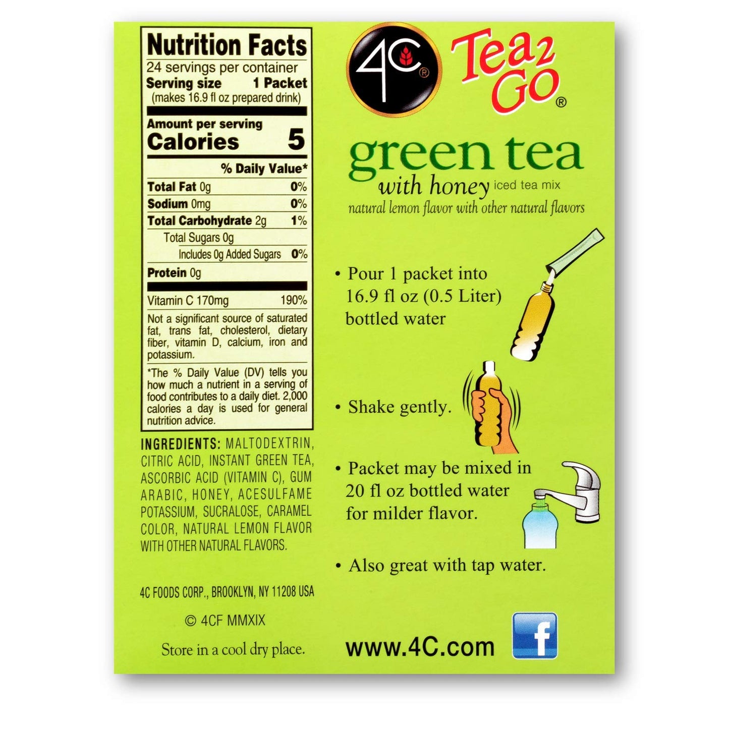 4C Powder Drink Mix Green Tea, Sugar Free, 24 Count Pack, On-the-Go Singles Stix