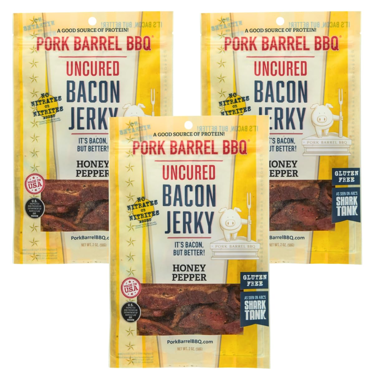 Pork Barrel BBQ Honey Pepper Bacon Jerky, Uncured, Gluten Free Protein Snack, 2 oz (Pack of 3)