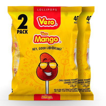 Vero Mango Flavored Lollipops Covered in Chili Powder 40 Count Bag (Pack of 2 - Net Wt. 22.4 Ounces Each) - Individually Wrapped