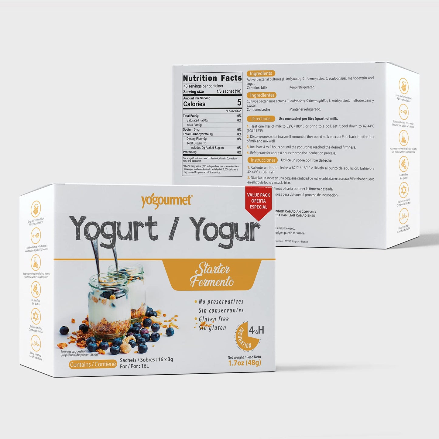 Yogourmet Yogurt Starter Culture - All Natural, Gluten Free, Kosher, Halal - 16 Pack (3 g Sachets) - 2.8 Ounce Total