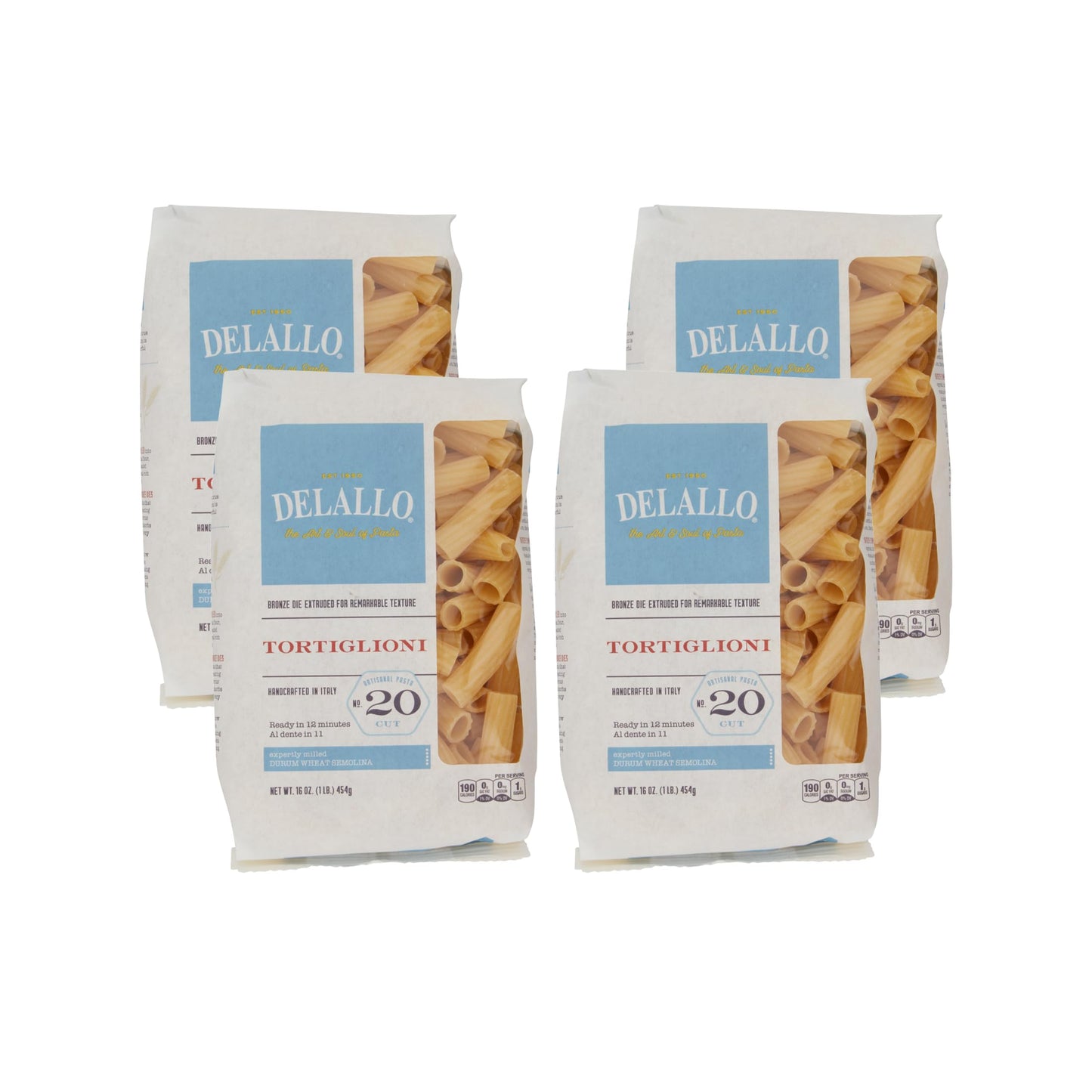 DeLallo Tortiglioni Pasta, 1 Pound Bag, 4 Pack, Tube Shape, Made with Durum Wheat Semolina Flour, Imported from Italy, Cooks in 