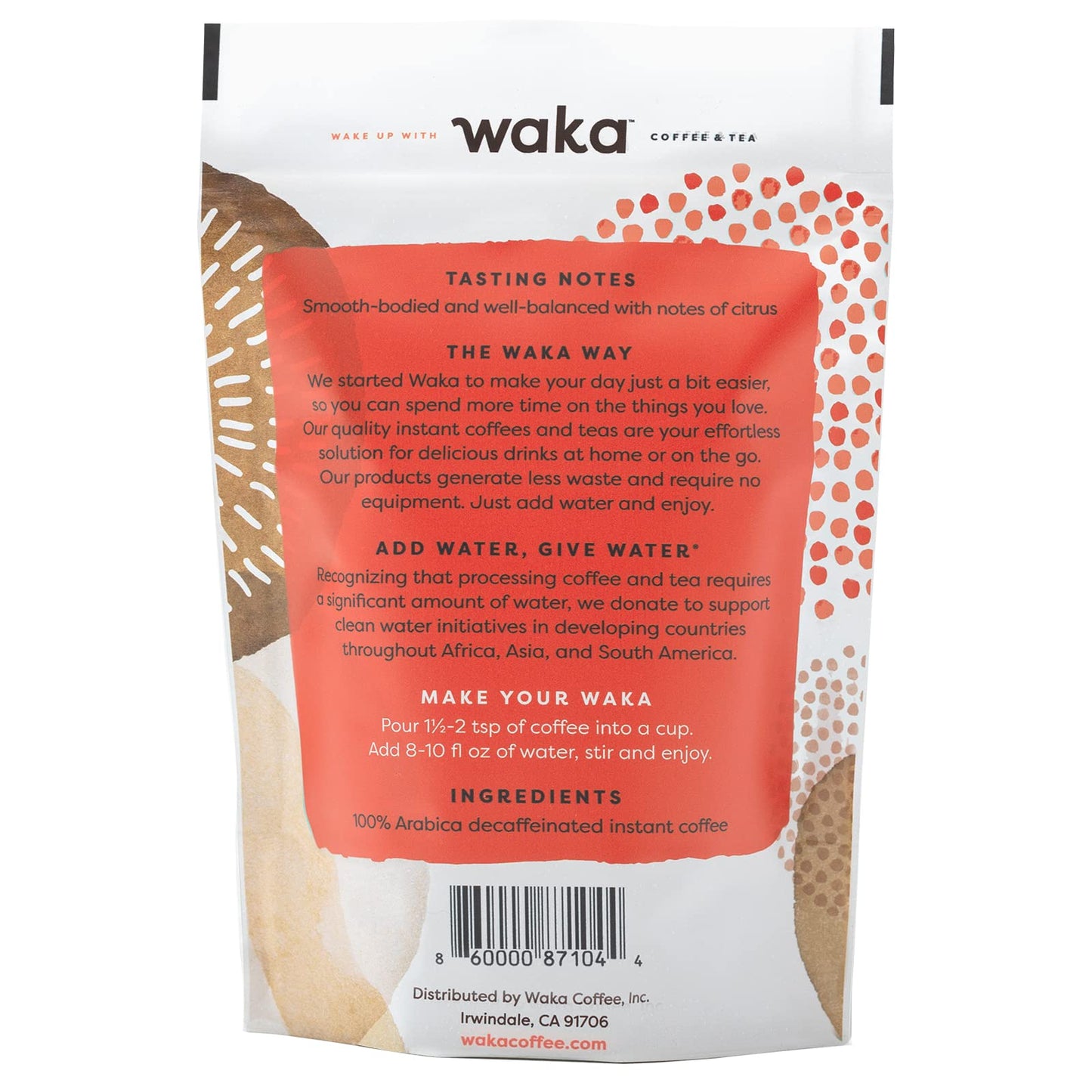 Waka Coffee Instant Coffee - Decaffeinated Medium Roast - Arabica Beans - 35 Count Bag for Hot or Iced Coffee