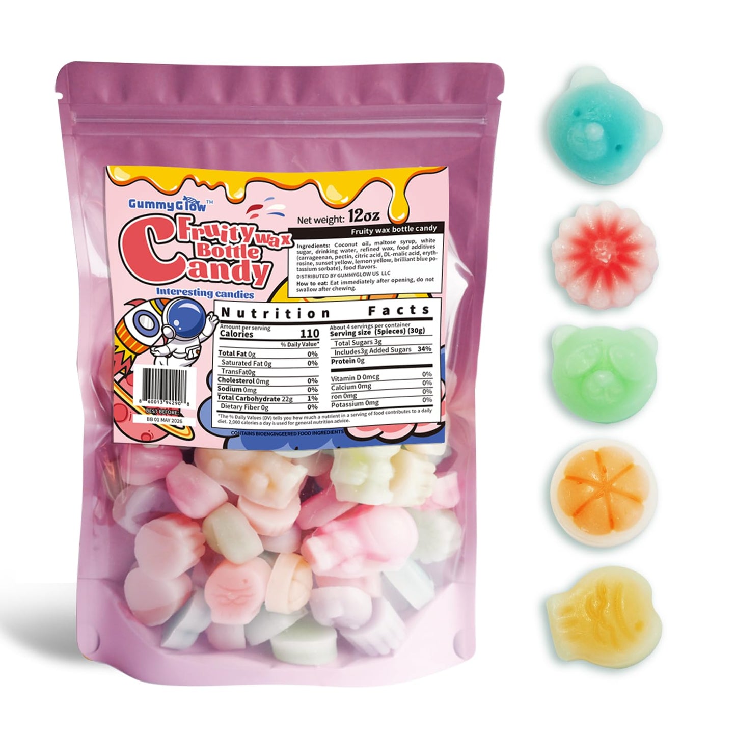 Gummy Glow Wax Candy 12oz Bulk Pack  Retro Chewy Wax Candies for Old School Candy Lovers with 55-65 Pieces & 5 Flavors  Nostalgic Sweet 