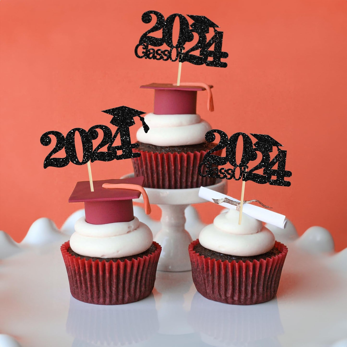 Gyufise 24Pcs 2024 Graduation Cupcake Toppers Black Glitter Class Of 2024 Cake Toppers Grad Cap Cupcake Picks Cake Decorations F