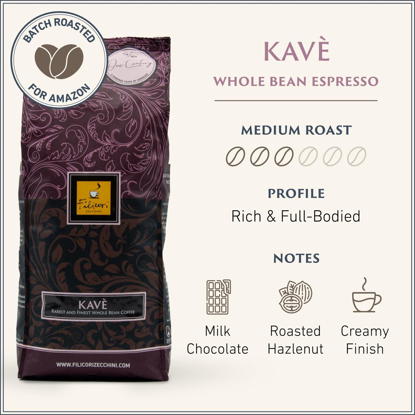 Filicori Zecchini Espresso Beans – Medium Roast Arabica & Robusta Blend – Low Acidity – 35.2 Ounce Kavè Bag