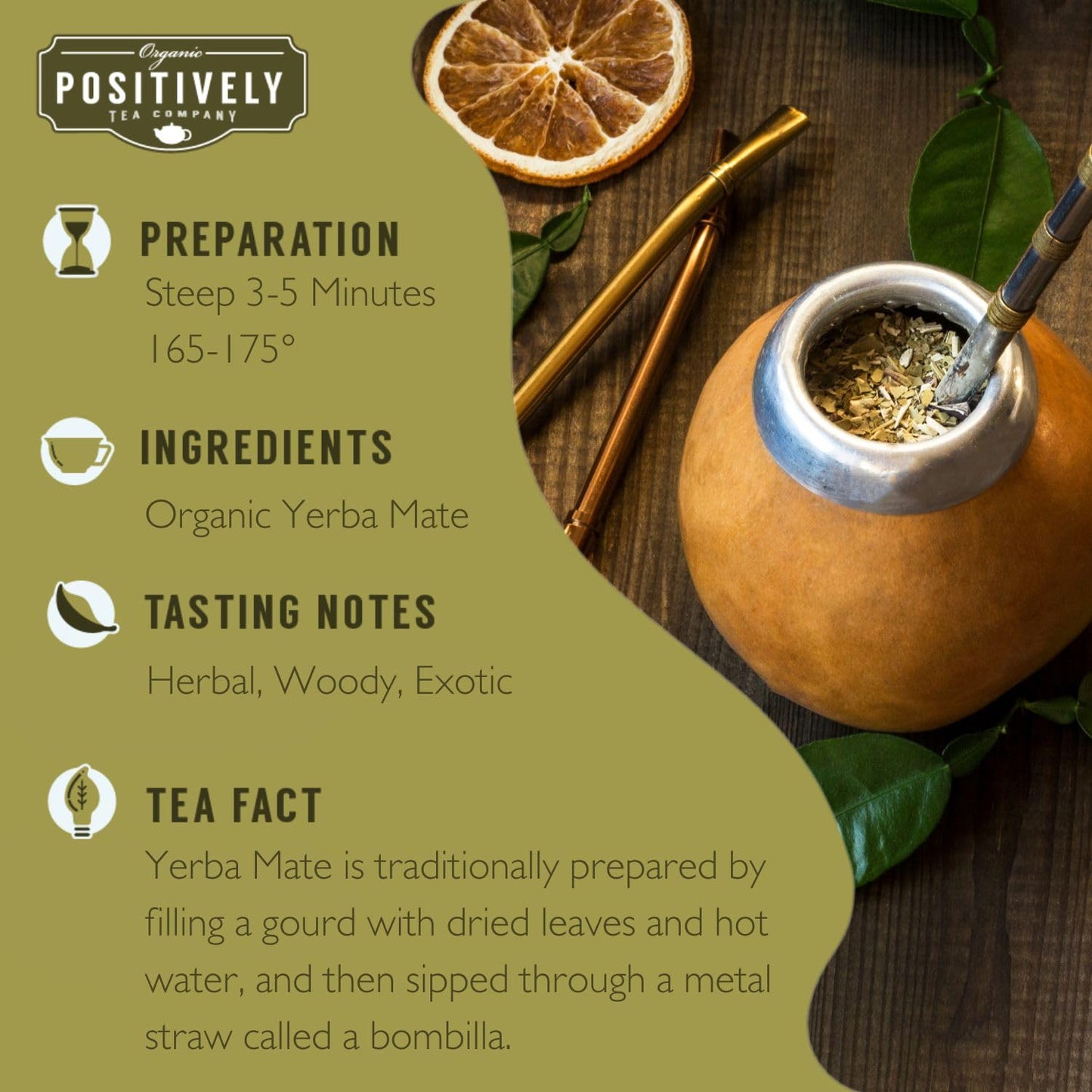 Organic Positively Tea Company Yerba Mate Tea Bags, Unsmoked, Eco-Friendly, 100 Count