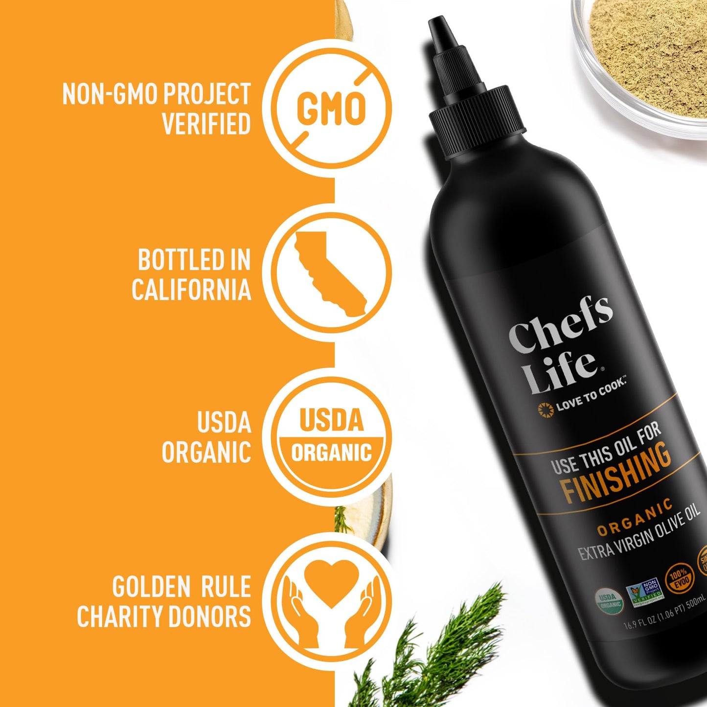 Chefs Life Organic Finishing Oil - 100% Extra Virgin Olive Oil, Organic Olive Oil, Evoo, Perfect For Dressing, Pure, Single Origin, Non Gmo - 16.9 Fl Oz Squeezable Bottle (1 Pack)