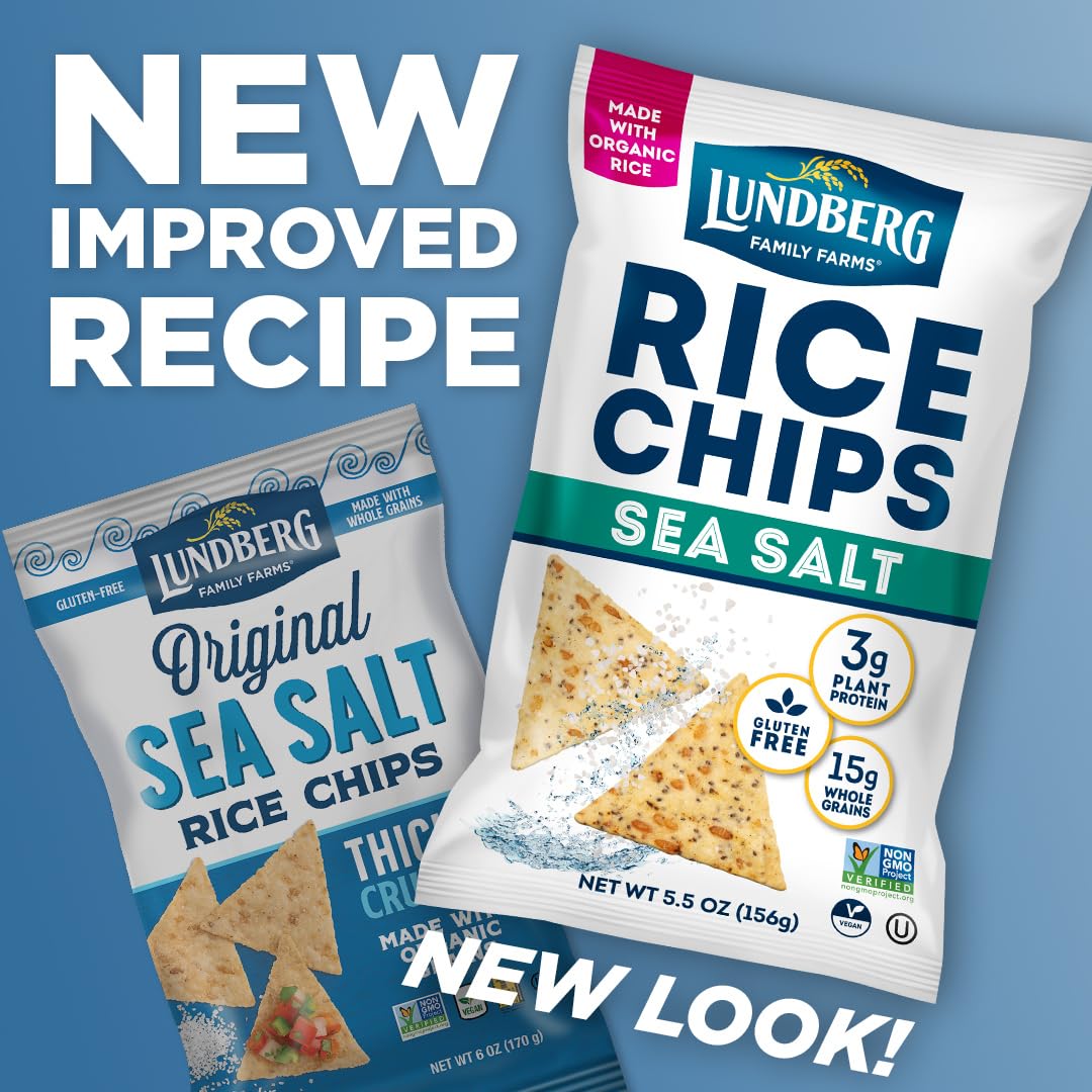 Lundberg Rice Chips, Sea Salt 12-Pack - Plant-Based Snacks Made With Organic California Brown Rice, Pea Protein & Chia Seeds, 5.