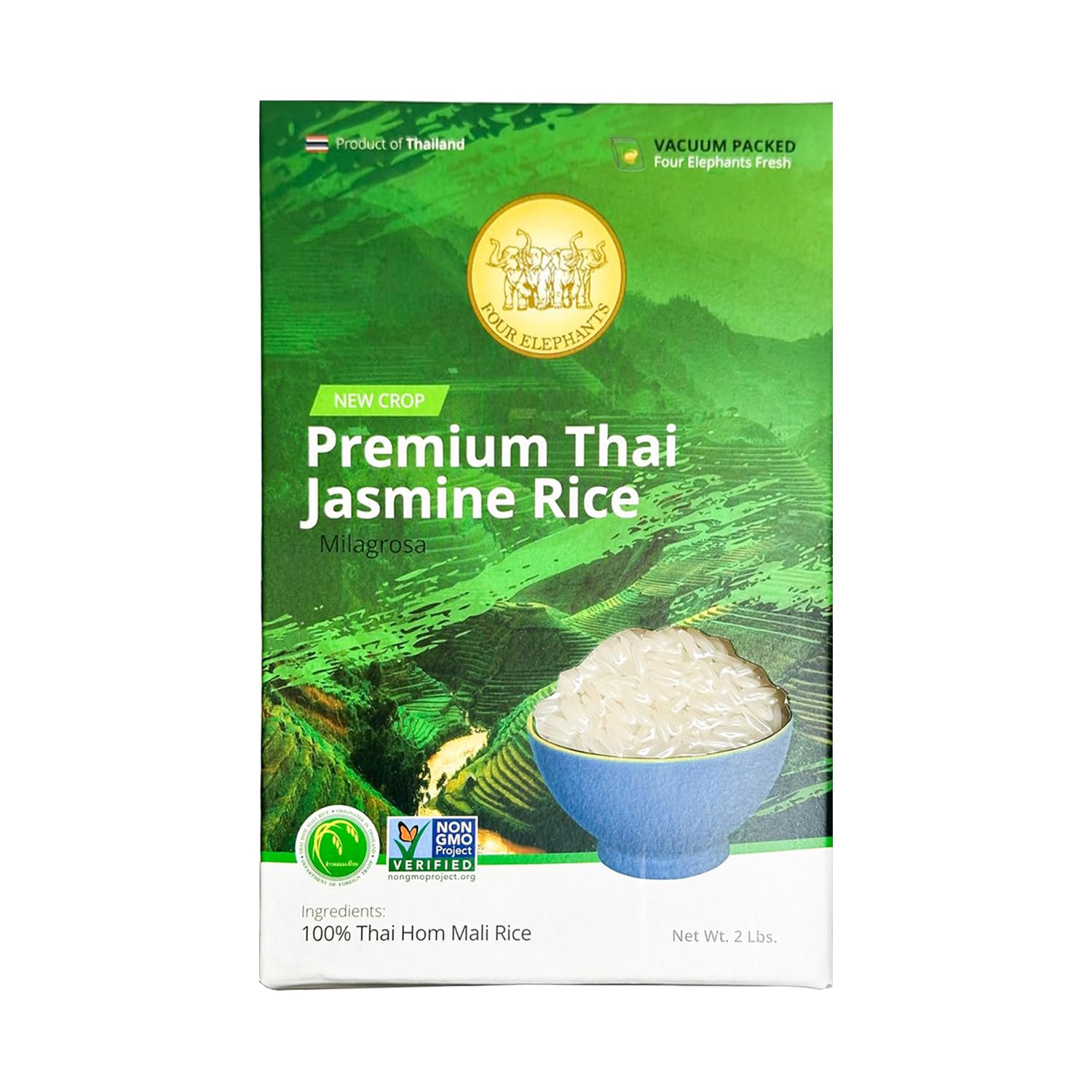 2 Pounds (Lbs) Premium Thai Hom Mali Jasmine Rice | Endorsed By Pro Chefs | Four Elephants Brand | Diy Friendly Cooking Instructions Packaging