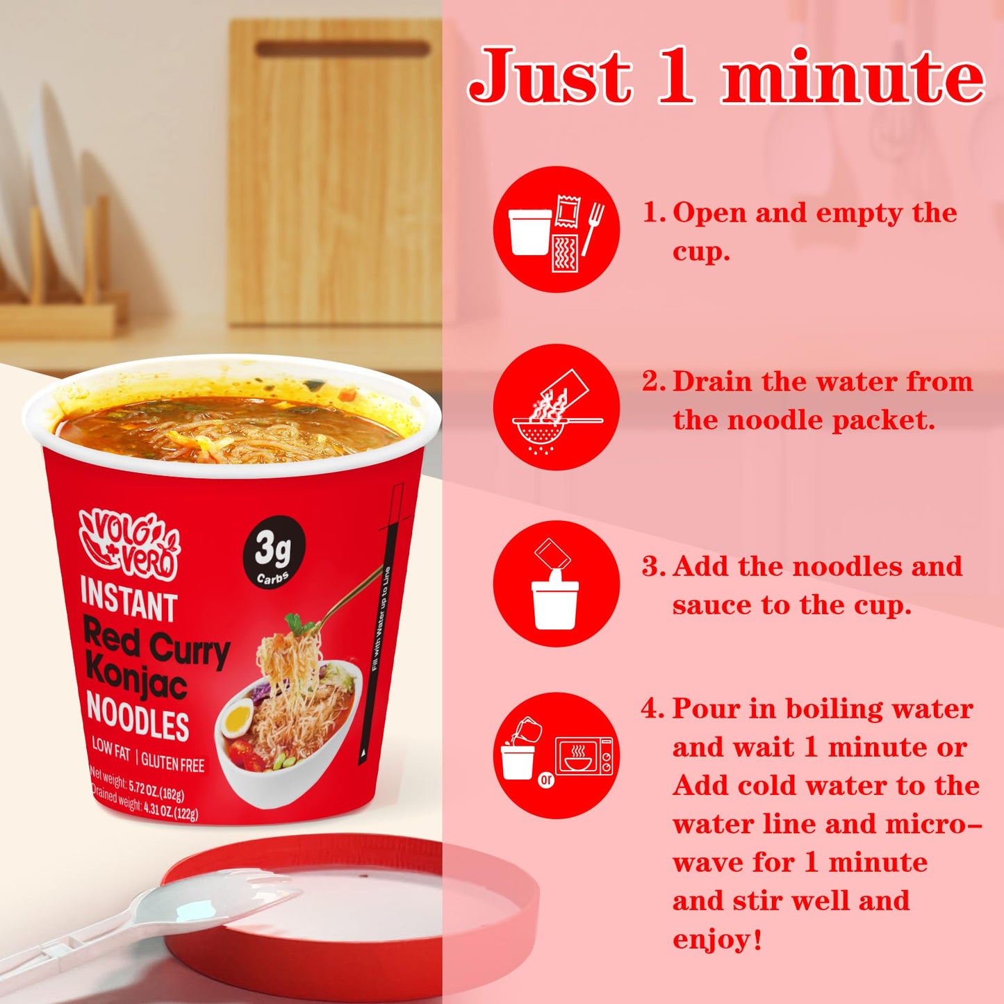 Volo Vero Konjac Noodles Instant Soup Cup, 6 Packs Shirataki Angel Hair Pasta Spicy Red Curry, Low Carb, Low Fat, Low Gi, Low Ca