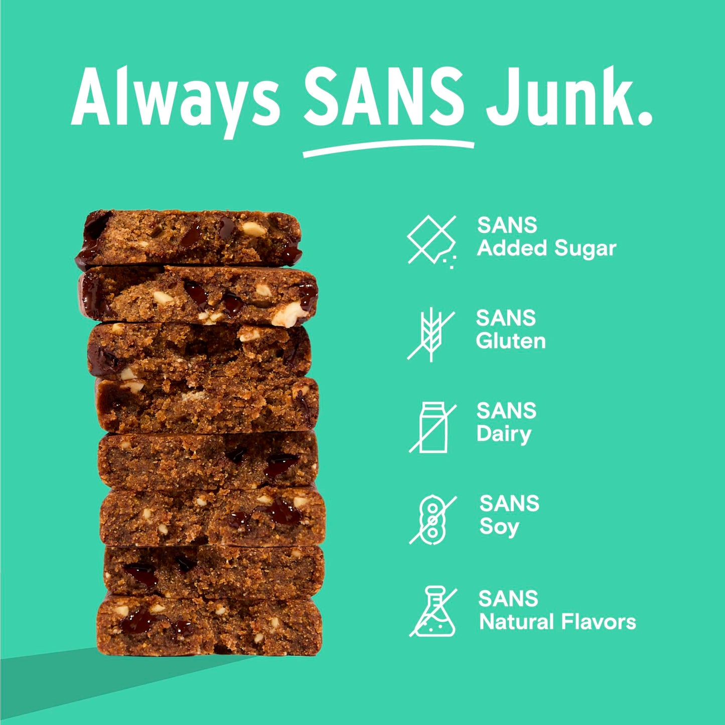 Sans Meal Replacement Protein Bar, Gluten Free, Healthy High Protein Snacks, High Fiber, No Sugar Added, Dairy Free, Soy Free, Mint Cacao, 12 Bars