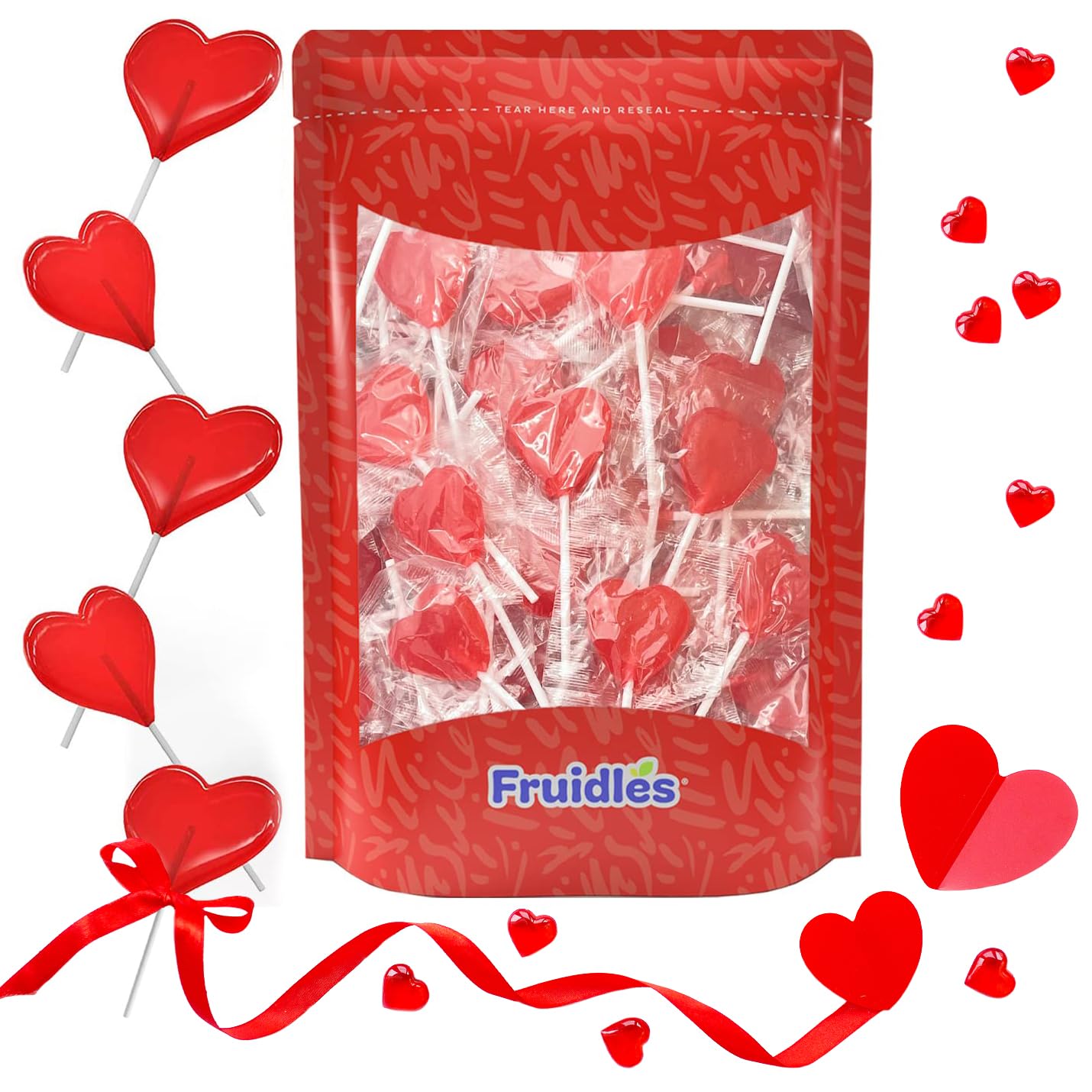 Fruidles Valentines Heart Lollipops, Red Heart Shaped Candy, Individually Wrapped, 12g Each, Approx. 90 Pops, 2 Pounds