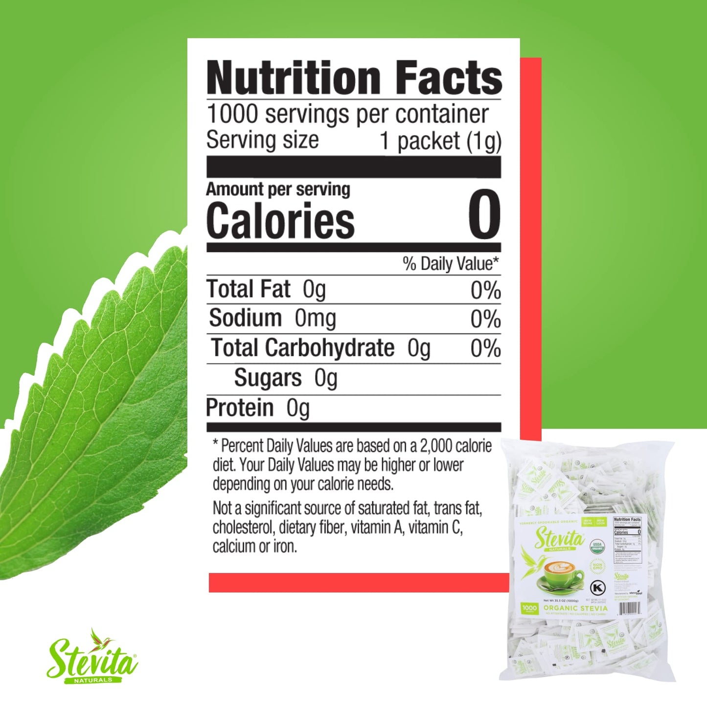 Stevita Organic Stevia - 1000 Packets - Stevia & Erythritol All-Natural Sweetener, No Calories - Usda Organic, Non-Gmo, Vegan, K