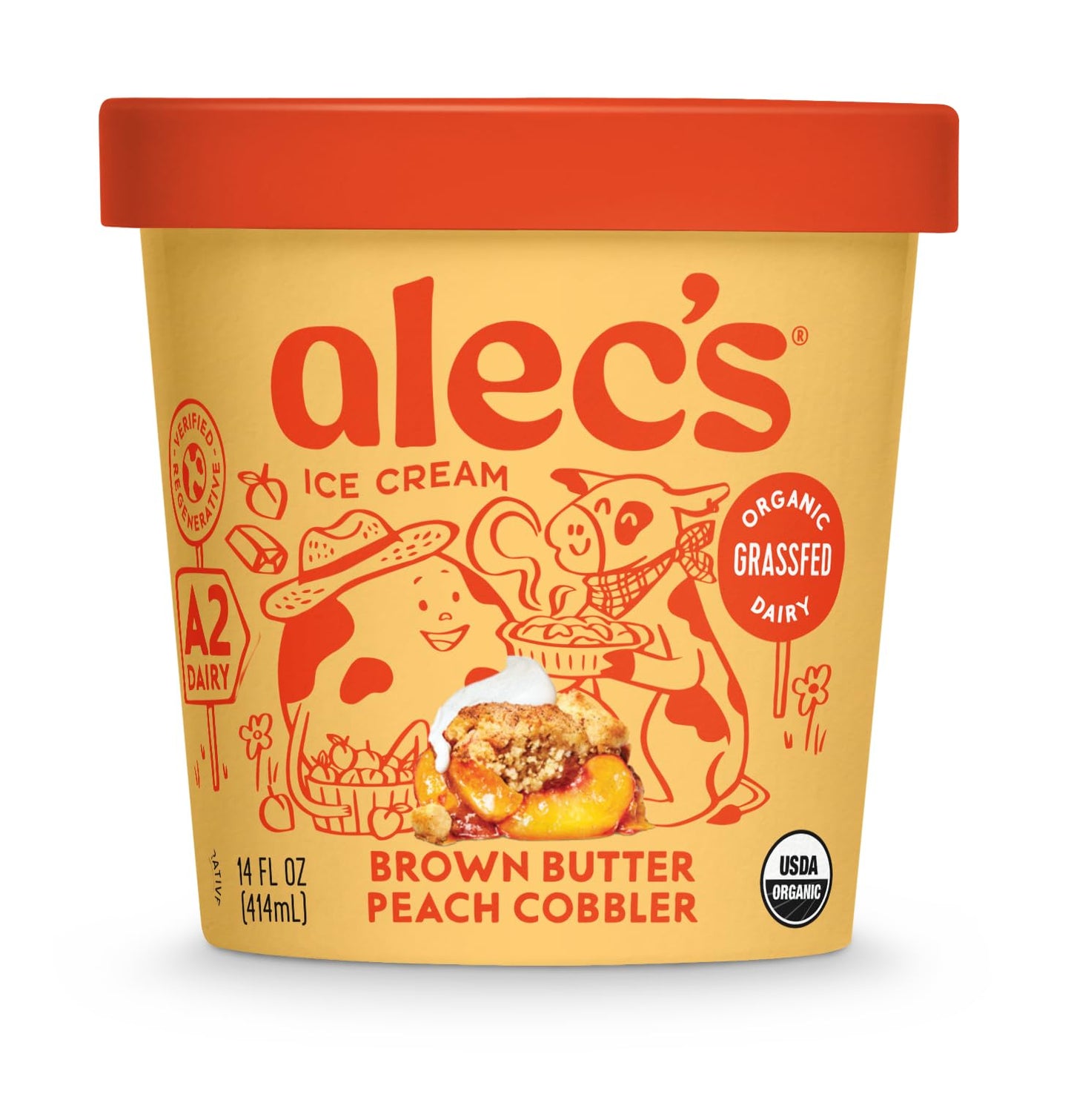 Alecs Brown Butter Peach Cobbler Organic Ice Cream - Grassfed, Regenerative A2 Dairy, 14 oz