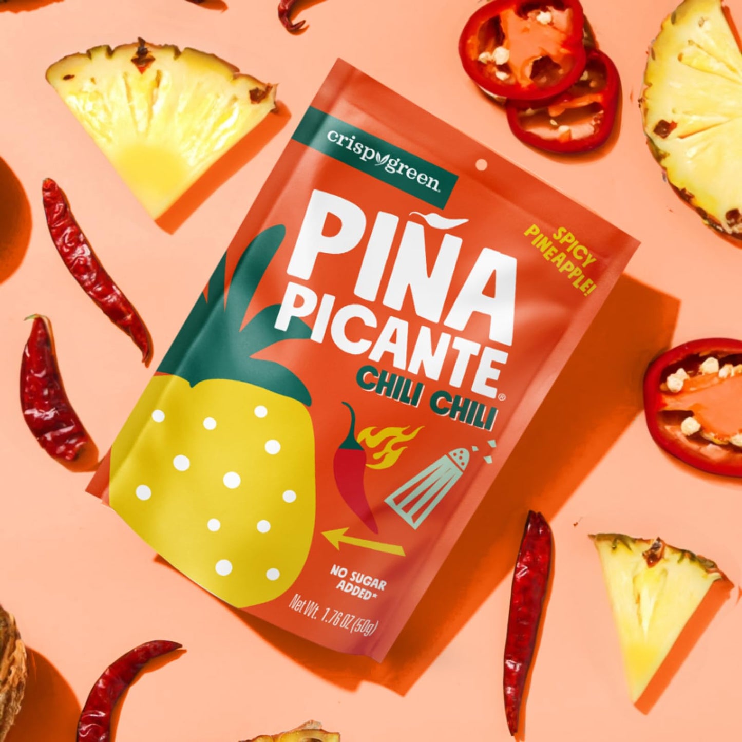 Crispy Green Pia Picante, Double Chili Dried Pineapple, Healthy Real Fruit Snacks, 12 Bags, 1.76 Ounces Each