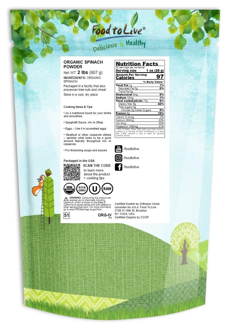 Food To Live Organic Spinach Powder, 2 Pounds - Non-Gmo, Finely Ground Dehydrated Leaves, Pure, Vegan, Kosher, Bulk. Source Of F