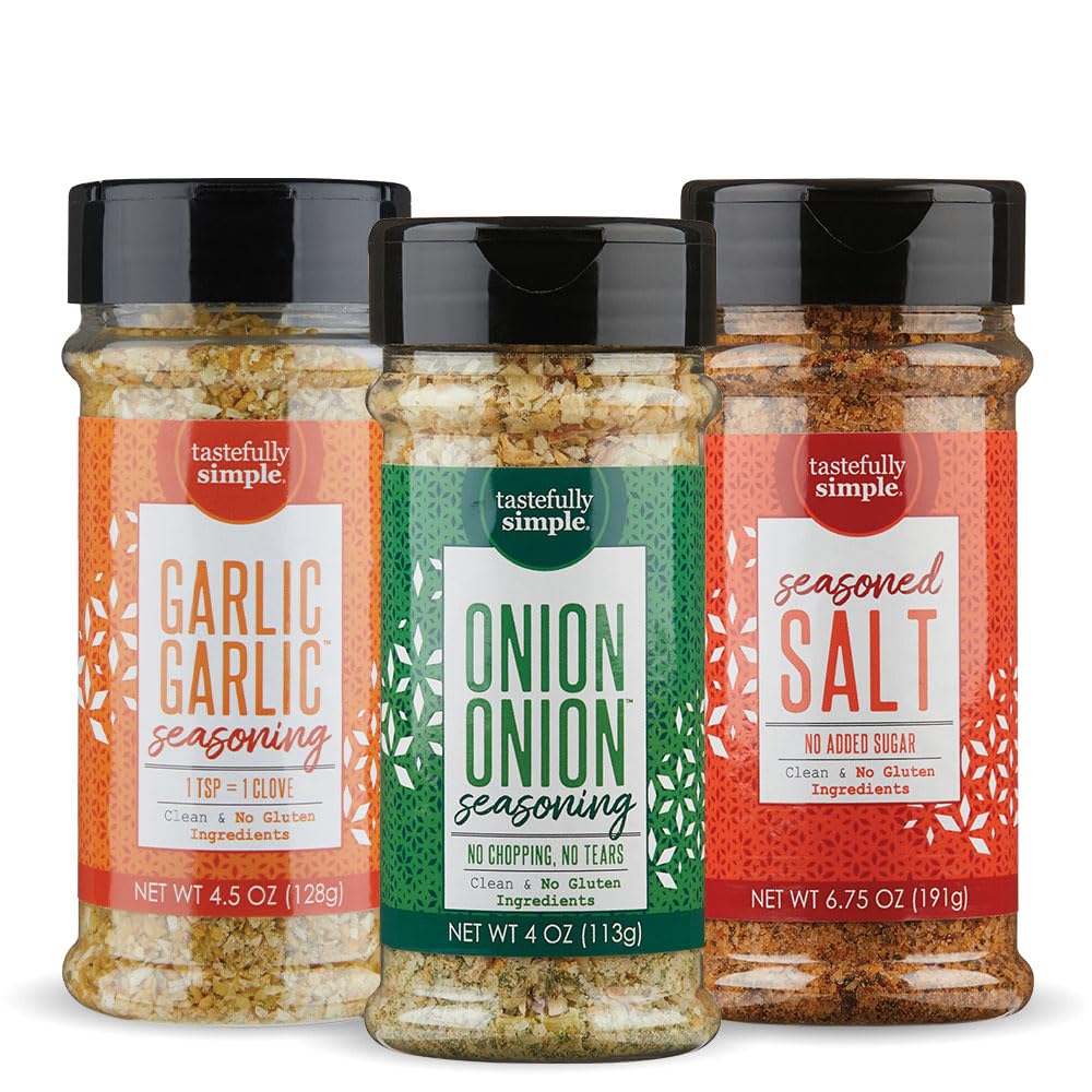 Tastefully Simple Onion Onion, Garlic Garlic Seasoning & Seasoned Salt Combo Pack, 4.5 Ounce (Pack of 3)