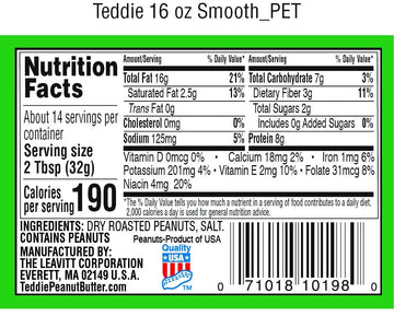 Teddie All Natural Peanut Butter, 16 Ounce 1 Pack, Gluten Free & Vegan, 16 Ounce Plastic Jar (16 Ounce (Pack Of 1), Smooth)