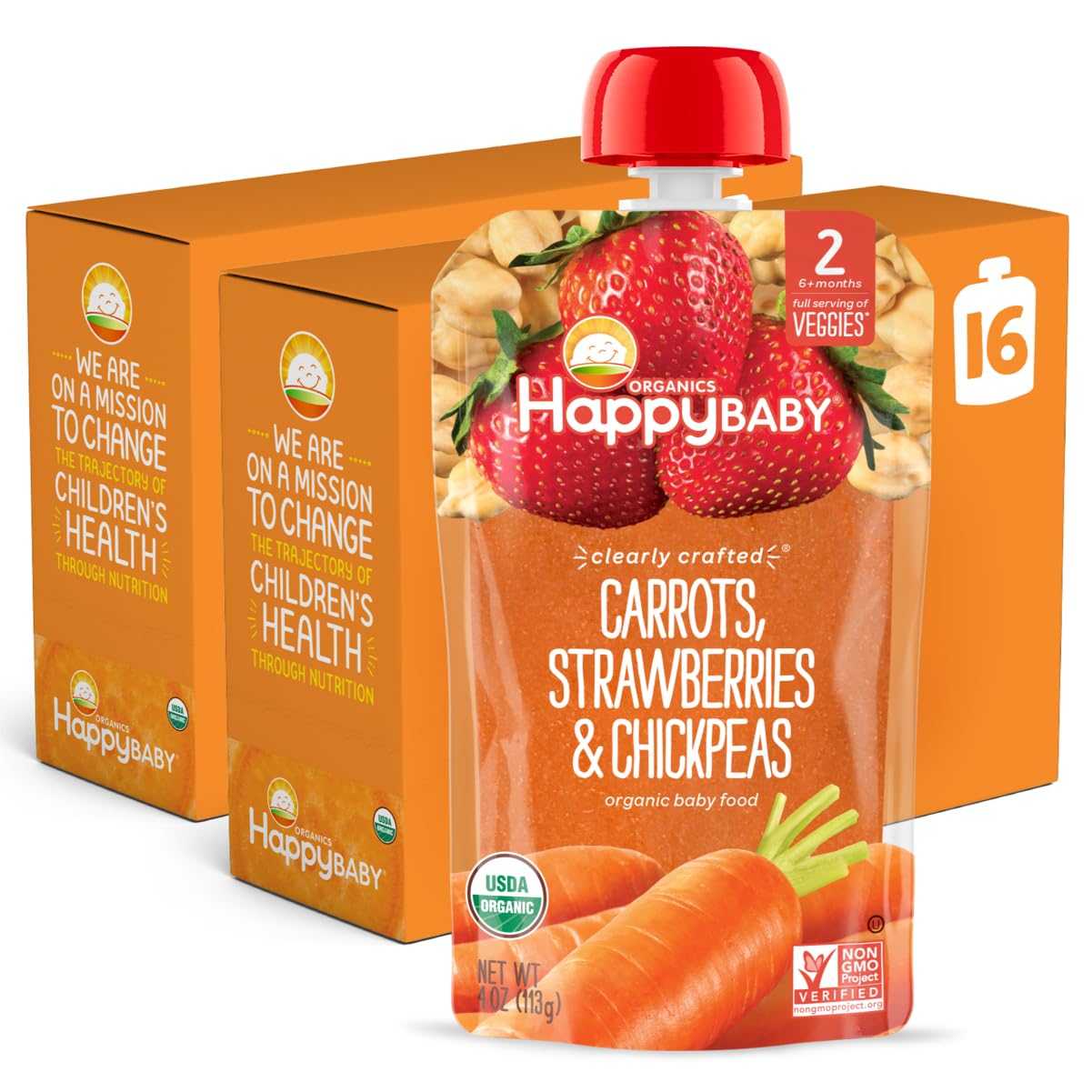 Happy Baby Organics Clearly Crafted Stage 2 Baby Food Carrots, Strawberries & Chickpeas, 4 Ounce Pouch (Pack Of 16)