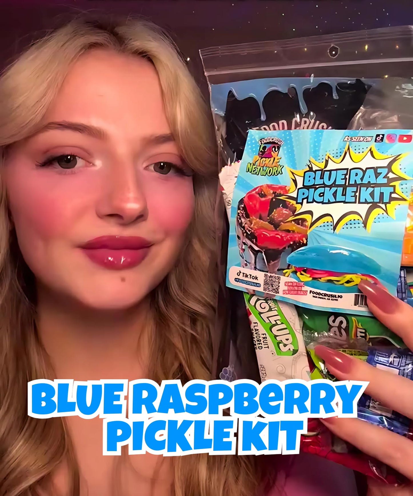 Ashley Dashleys-Chamoy Pickle Kit + Blue Raspberry Pickle Gift Pouch-W/Cotton Candy Crunch Powder, Fruit Roll Ups-Tiktok Trend Items By Foodcrush