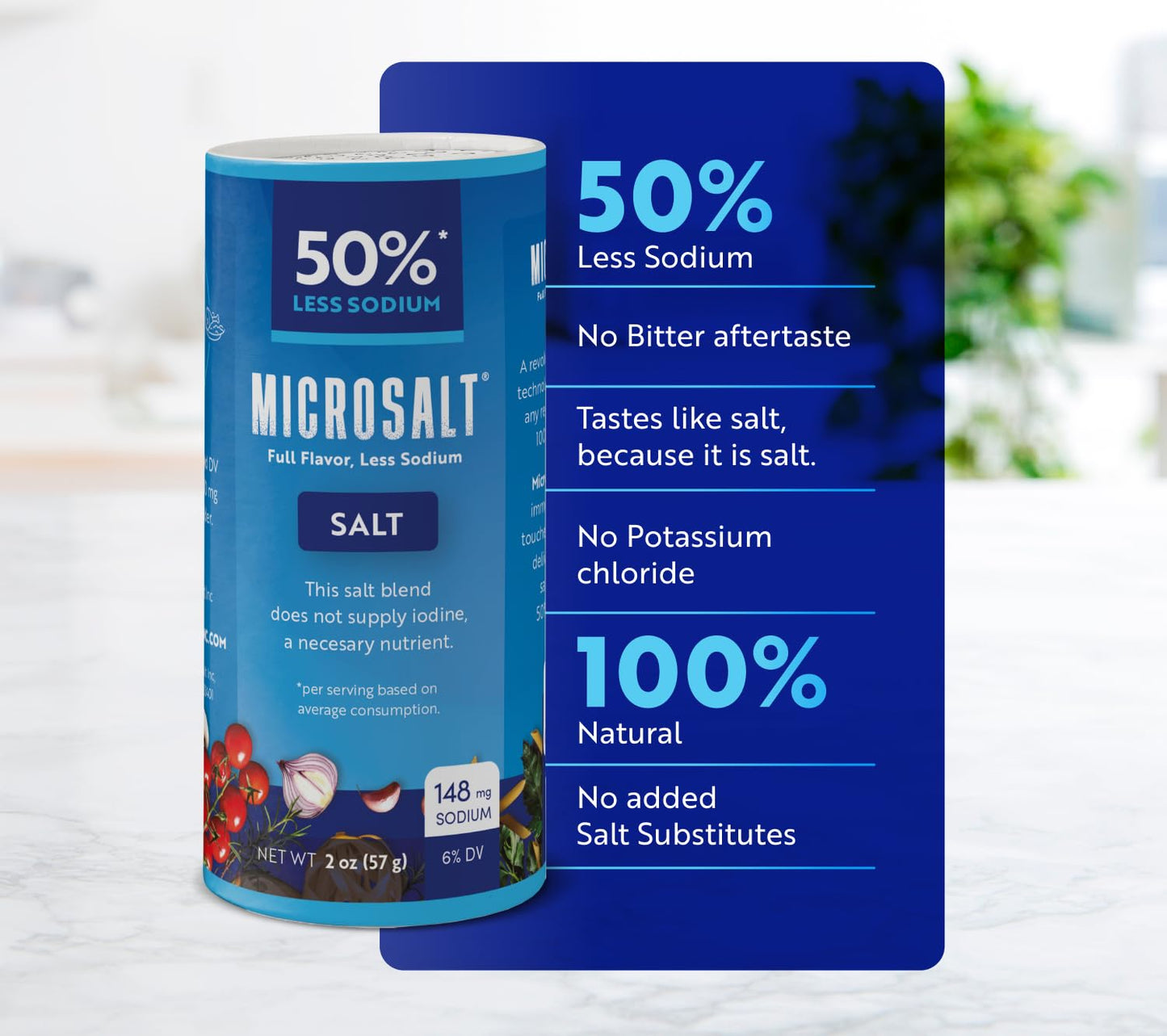 Microsalt 50% Less Sodium Salt, Regular Salt Substitute, Seasoning Salt For Snacks, Full Flavor, Less Sodium, 2 Oz, Pack Of 2