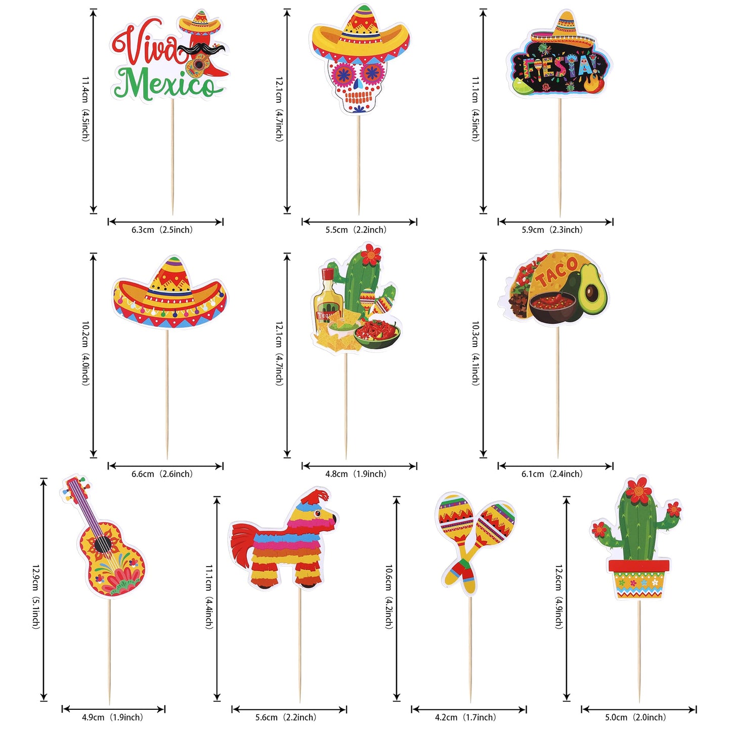 YCTHUNFISH 40 Pack Cupcake Toppers - Cactus, Donkey, Maraca, Sombrero, Pepper, Guitar - Paper - Mexican Fiesta Theme Party Decor