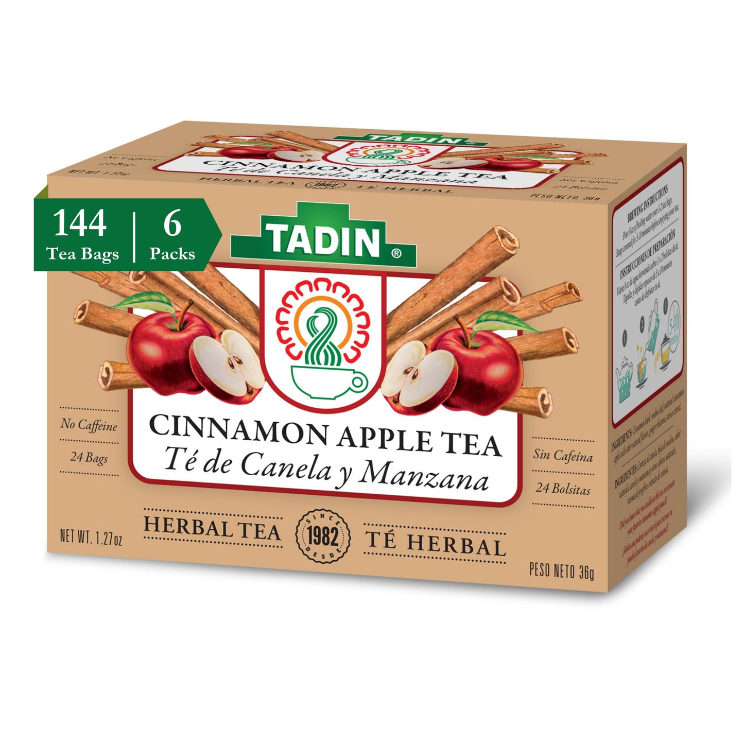 Tadin Cinnamon Apple Herbal Tea, Caffeine Free, 24 Count (Pack of 6), Decaf Tea Bags for Hot Tea