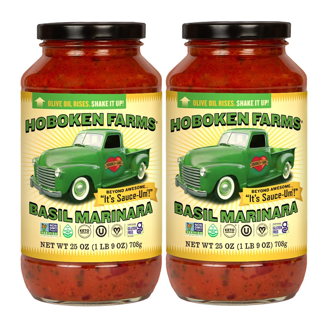Hoboken Farms Basil Marinara Sauce - No Sugar Added, Low Sodium, Non-GMO, Preservative-Free, Low Carb, Keto - Better For You Pas