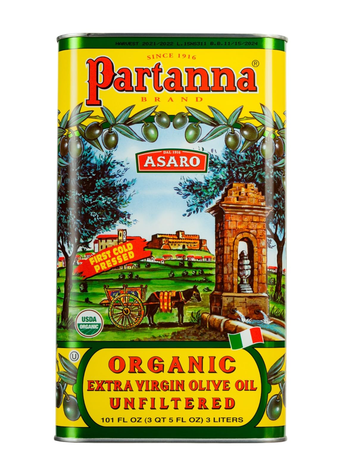 Partanna Organic Unfiltered Extra Virgin Olive Oil - Premium Organic Castelvetrano Oil Harvested in Sicily - Pure Authentic Ital