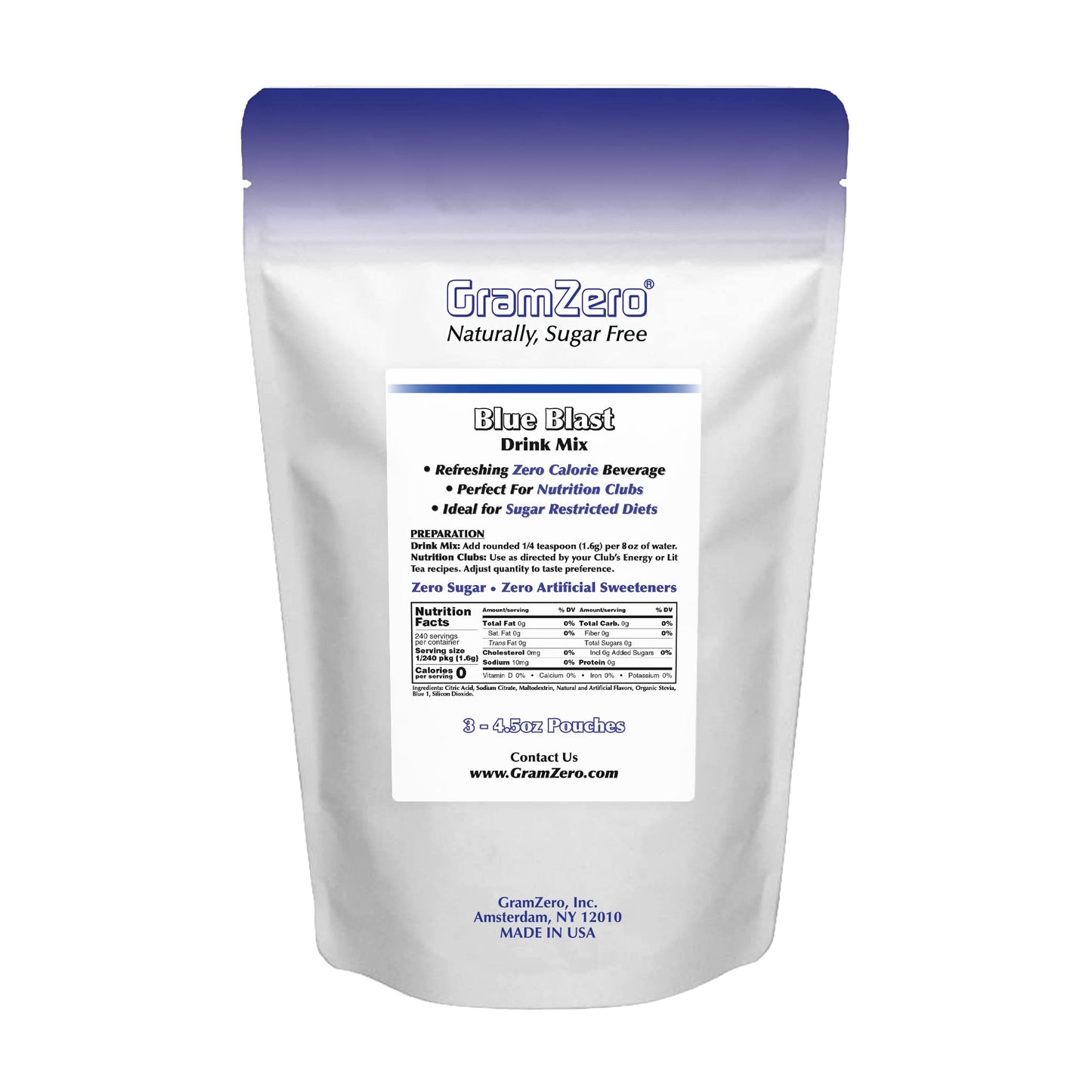 GramZero Blue Blast Zero Calorie Sugar Free Drink Mix, Great For Nutrition Club Loaded Teas, Stevia Sweetened