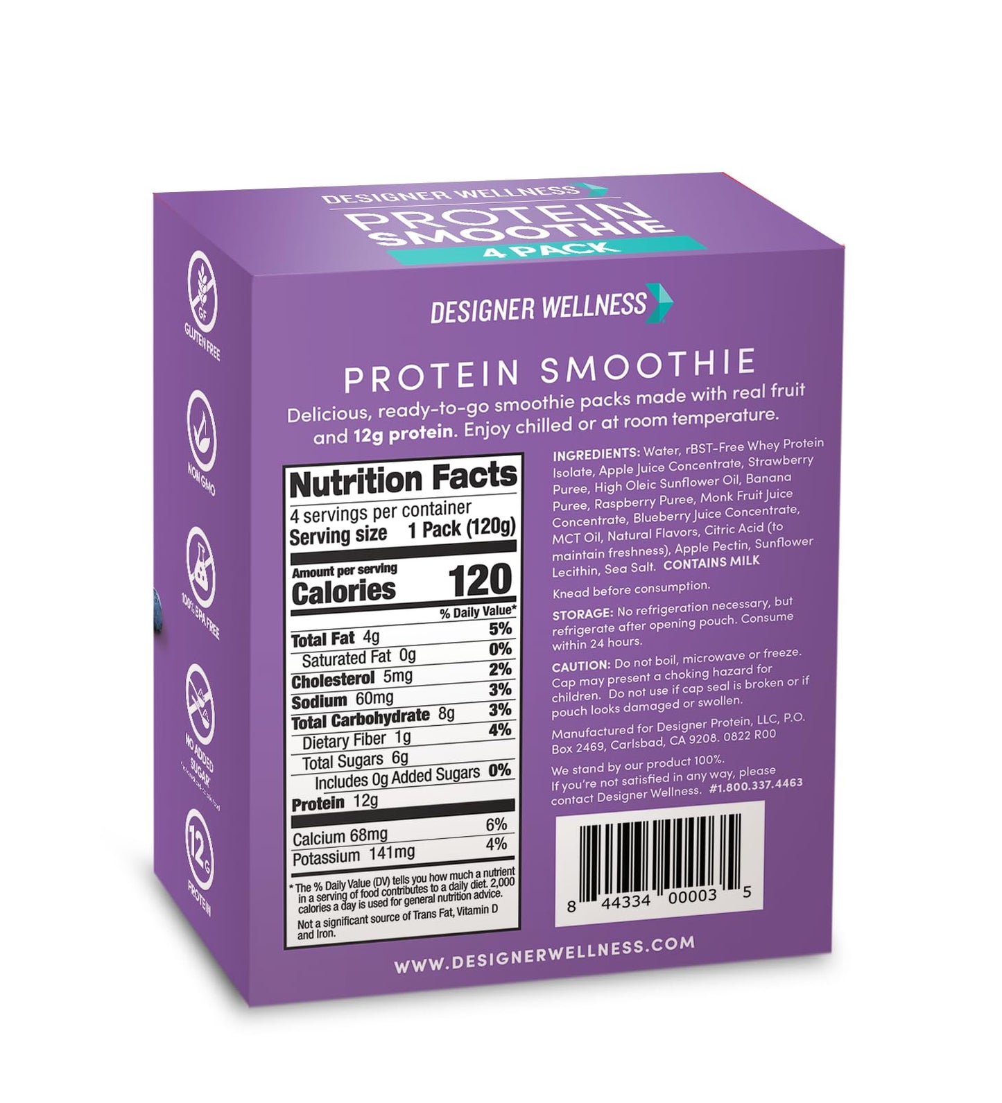 Designer Wellness Protein Smoothie, Mixed Berry, 12g Protein, Low Carb, Gluten-Free, Non-GMO, 4.2 Fl Oz, Pack of 24