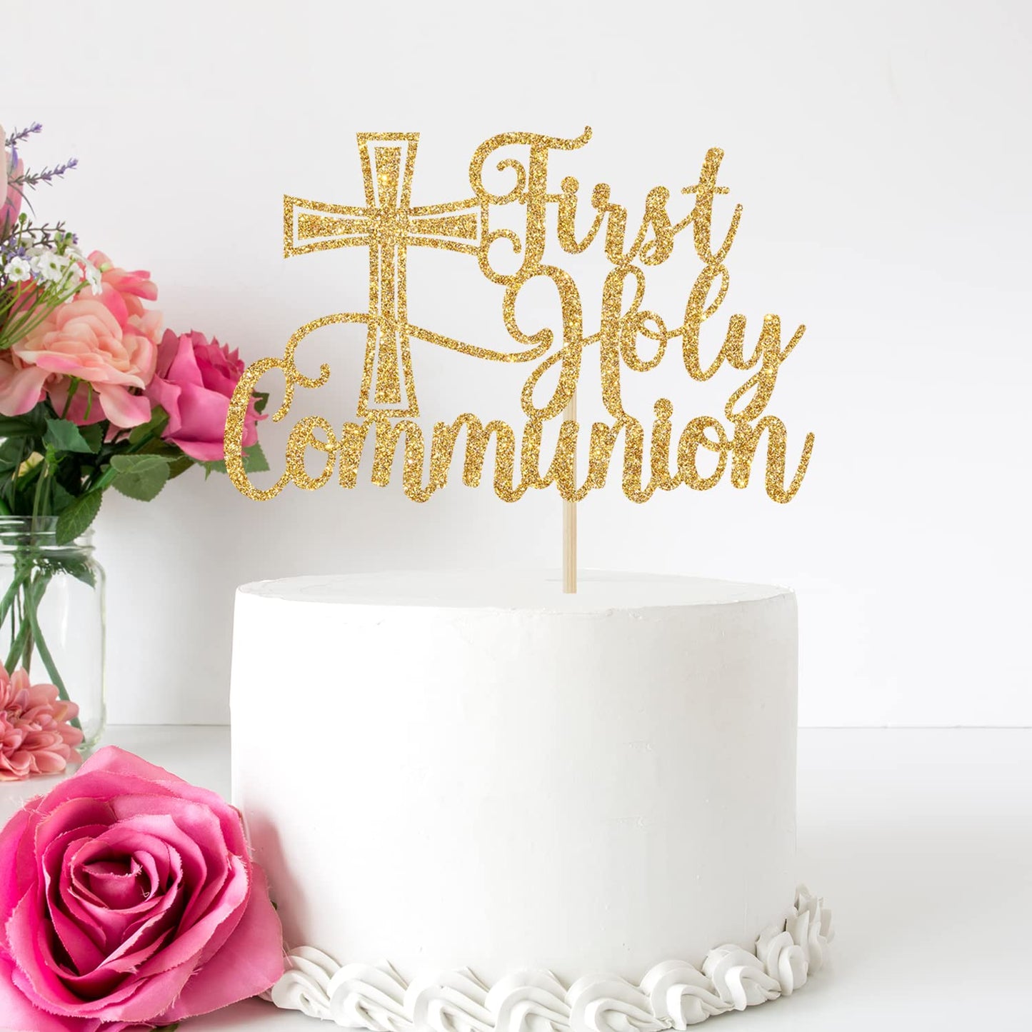 Bytorjar First Holy Communion Cake Topper, Gold Glitter, Model AA--0845, for Baptism, Christening, Baby Shower, Birthday Decorations