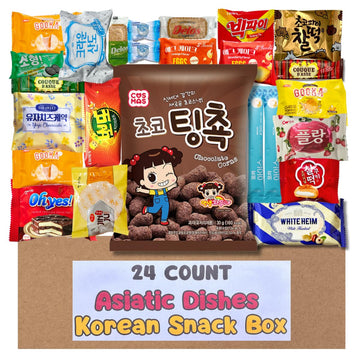 Asiatic Dishes Korean Snack Box - 24 Count Variety Pack with Cookies, Crackers, Coffee Mix, and Candy - Gift Care Package for Ad