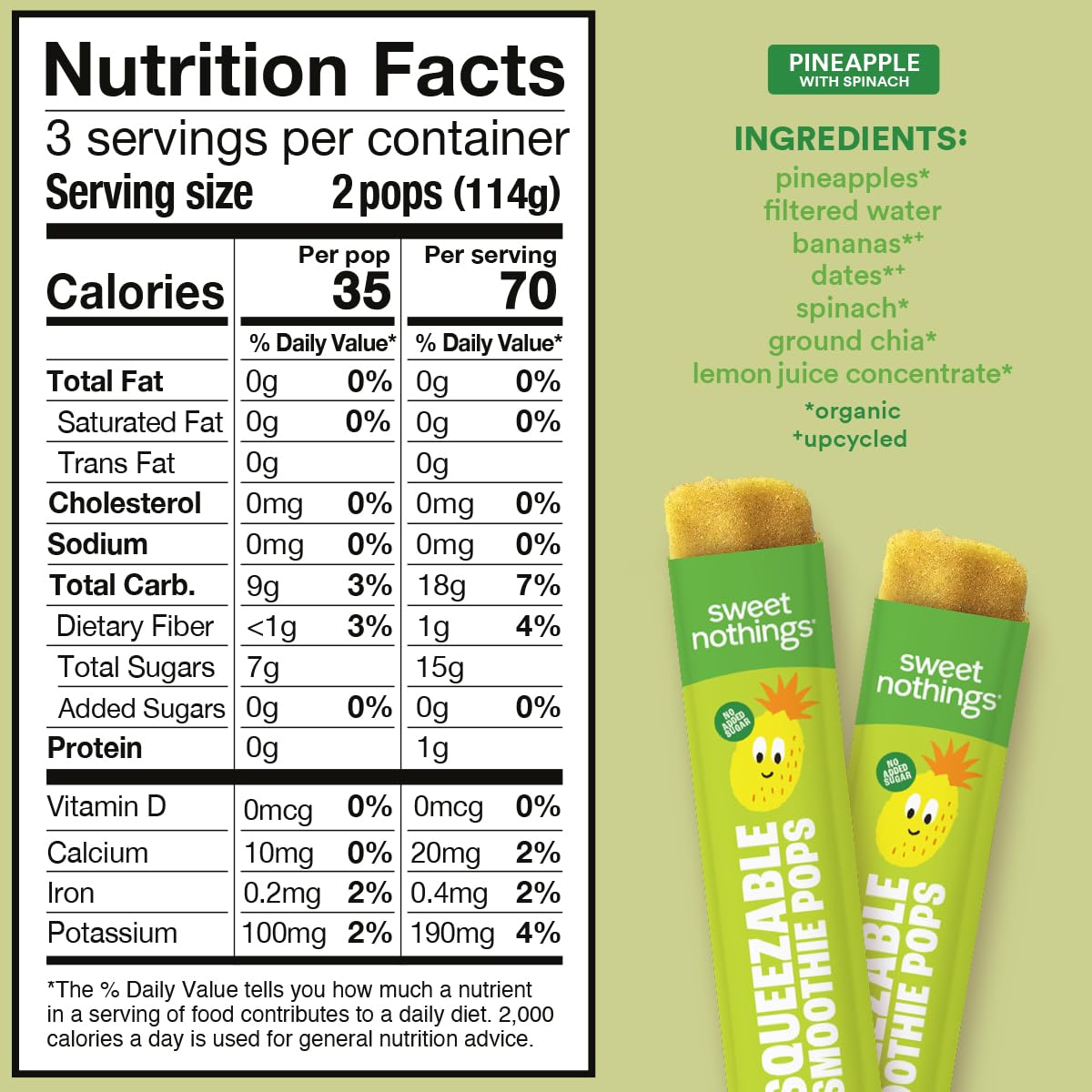 Sweet Nothings, Pineapple, Usda Organic Kids' Squeezable Super Fruit Smoothie Freezie Popsicle Pops, Value Pack Of 24 - Dye-Free