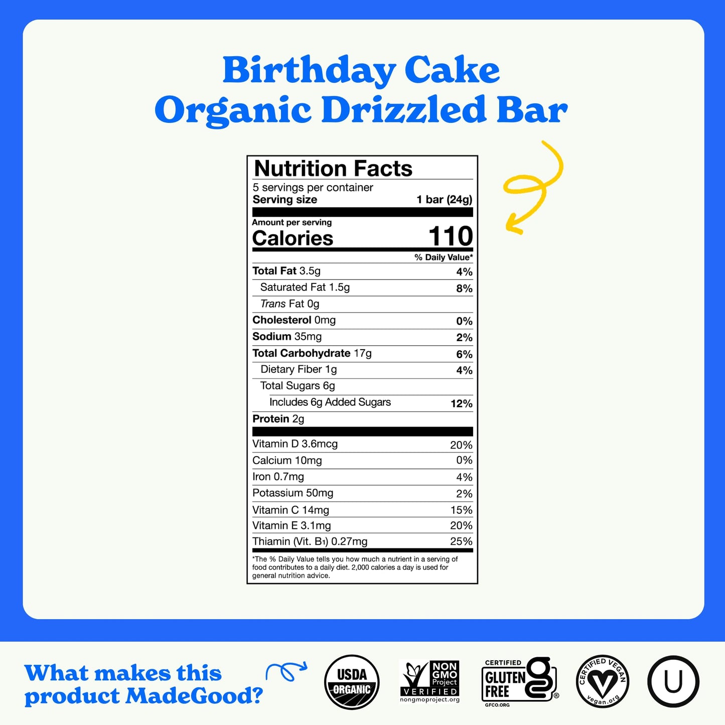 MadeGood Organic Chocolate Drizzled Birthday Cake Granola Bars (10 Count) 8.5 OZ