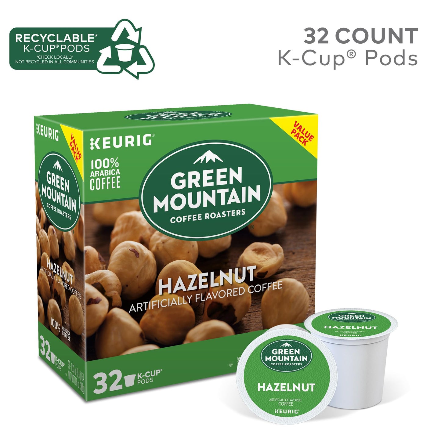 Green Mountain Coffee Roasters K-Cup Pods, Hazelnut Light Roast, 32 Count, Model 5000196304