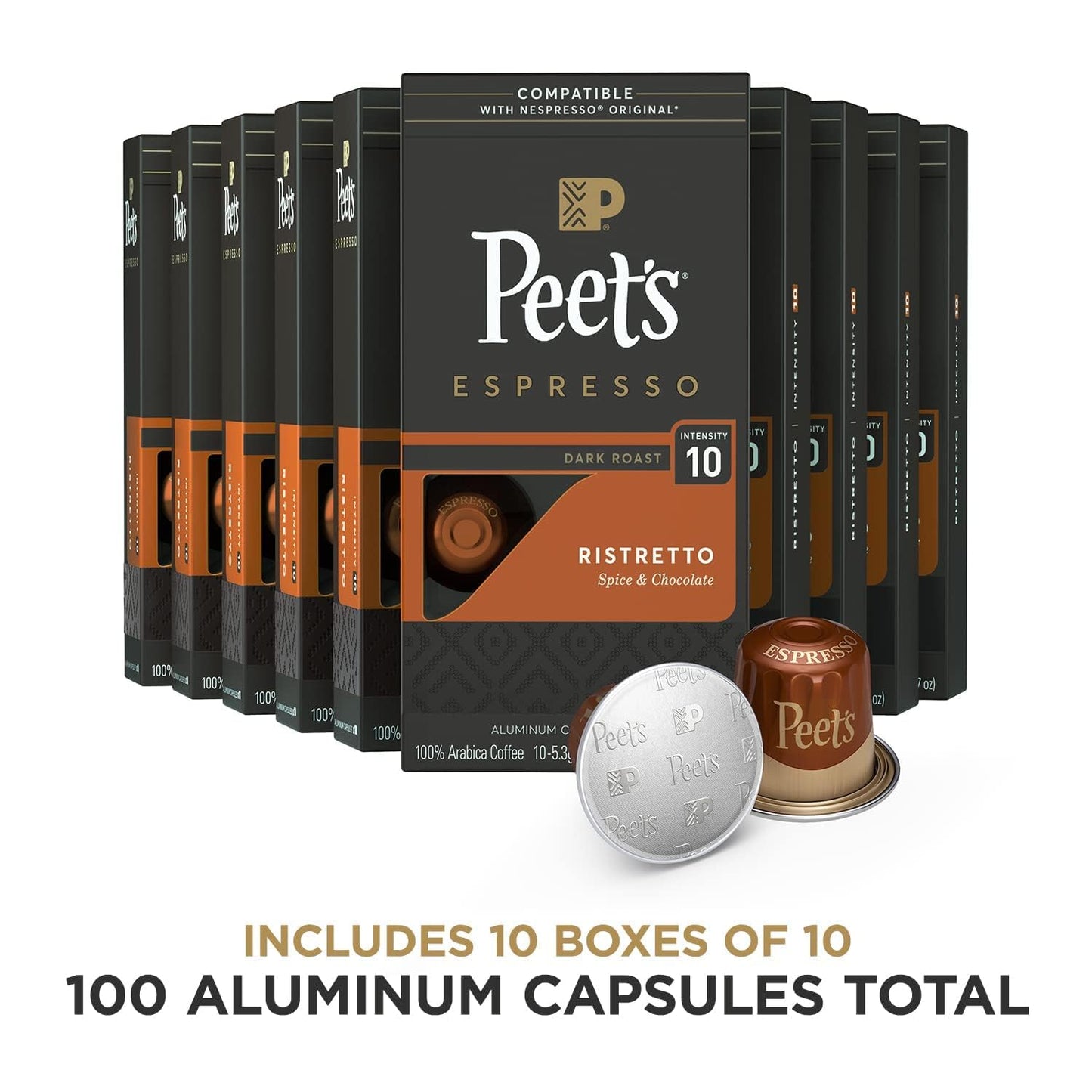 Peets Coffee Dark Roast Espresso compact pieces Compatible with Nespresso, 100 Count (10 Boxes of 10), Ristretto Intensity 10