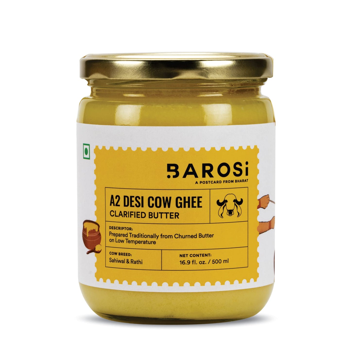 Barosi A2 Cow Ghee 17 Ounce, Clarified Butter, Produced From Grass Fed A2 Cow Milk, Hand Crafted, Aromatic & Pure, Sustainable Glass Packaging