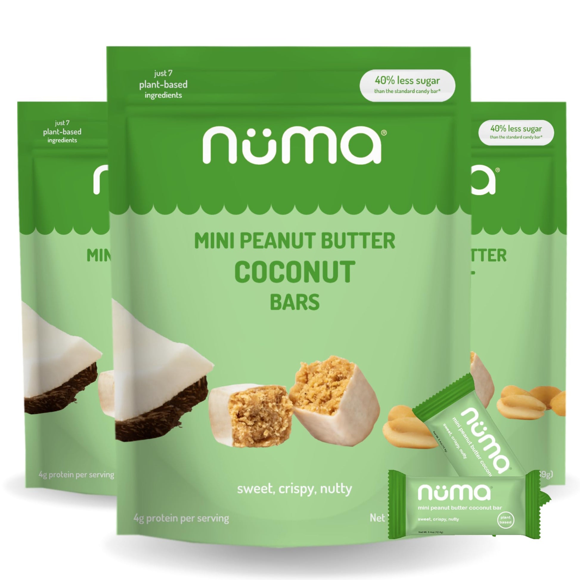 Numa Foods Mini Coconut Peanut Butter Bars – Vegan, Low Sugar, High Protein, All Natural, Gluten Free – Crunchy Plant Based Peanut Butter Snacks – 3 Bags With 8 Individually Wrapped Protein Bars