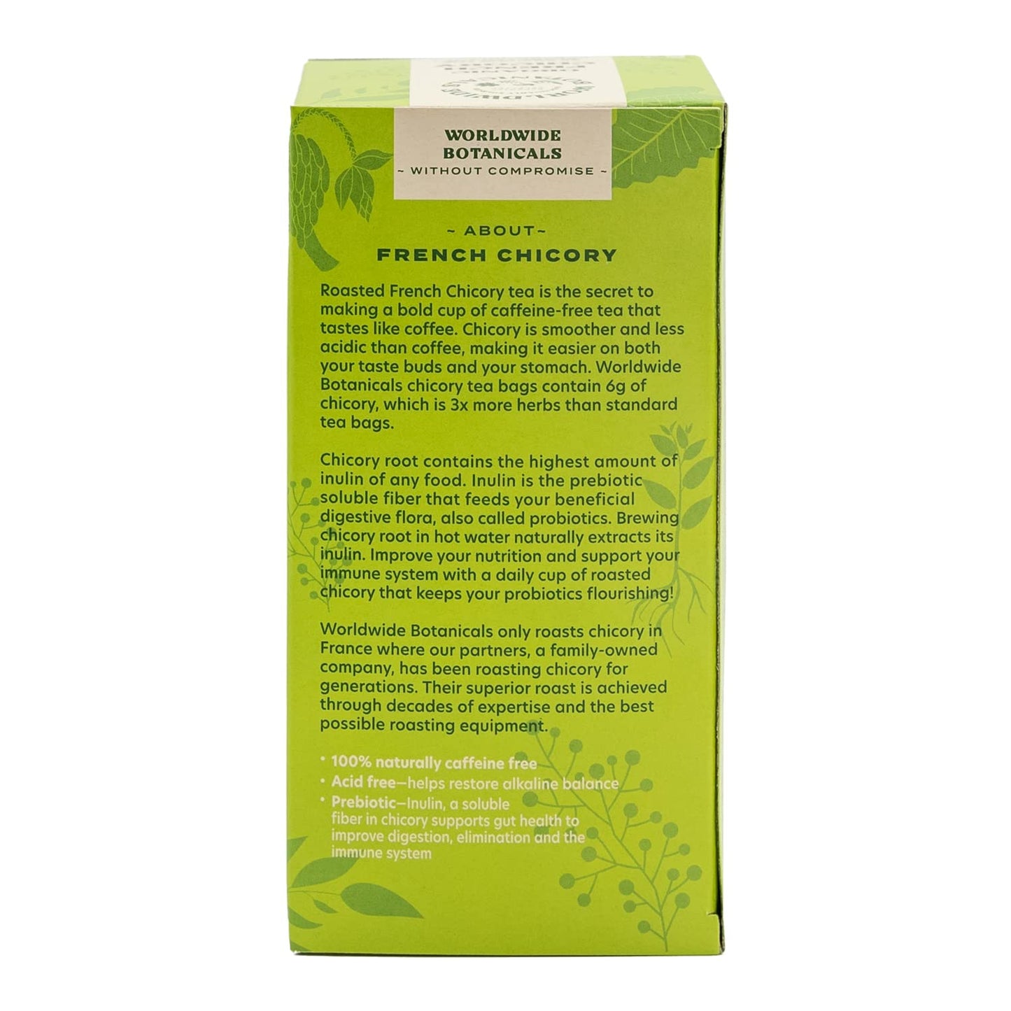 Worldwide Botanicals Organic French Chicory Root Tea - Prebiotic, Roasted, Caffeine Free - 25 Tea Bags
